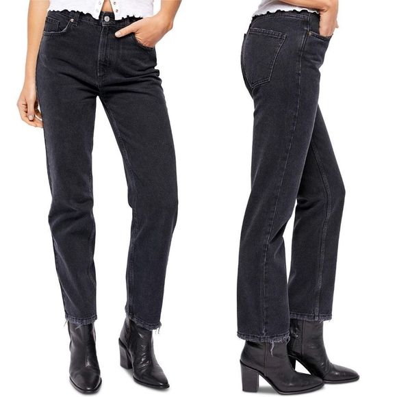 Free People Dakota Straight Leg Destructed Hem High Rise Pitch Black Denim Jeans - Picture 9 of 11